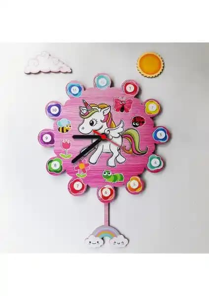 Arya Unicorn Sarkaçlı Ahşap Çocuk Odası Saati Renkli ve Eğlenceli Dekorasyon Parçası