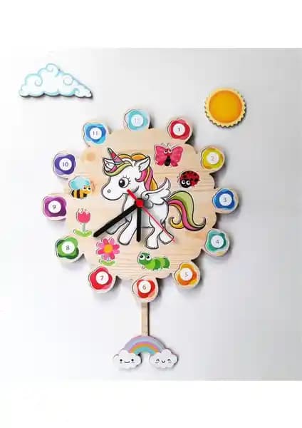 Arya Unicorn Sarkaçlı Çocuk Odası Ahşap Saat: Dayanıklı ve Eğlenceli Dekorasyon Parçası