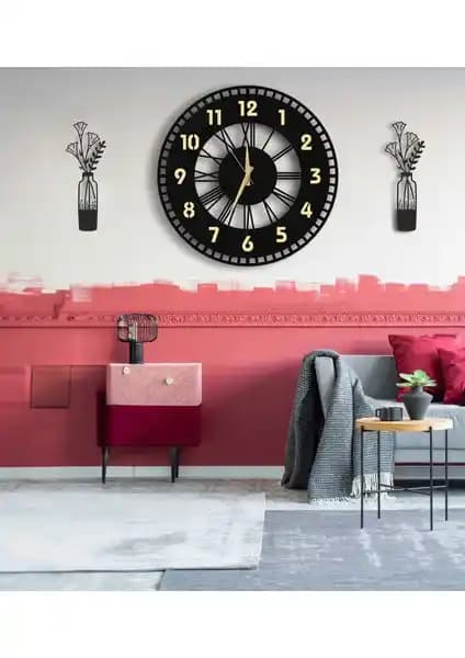 Aswood Modern Pleksi Aynalı Rakamlı Ahşap Duvar Saati ve Vazo Tablo Seti Dekoratif Ürünler