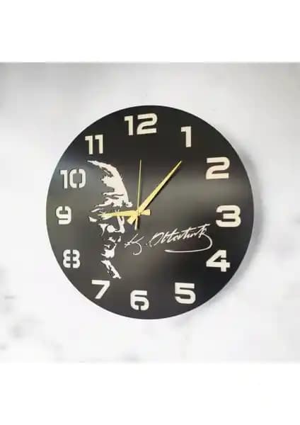 Atatürk İmza Detaylı Siyah Ahşap Duvar Saati 50 cm Modern ve Şık Tasarım