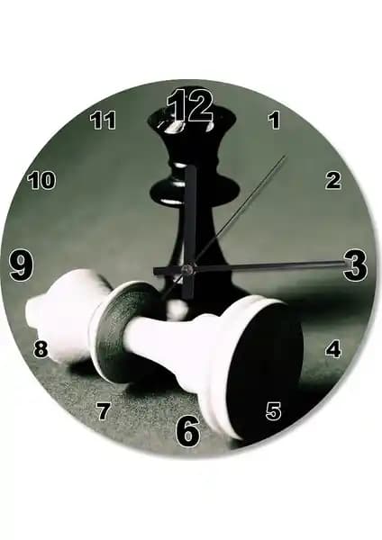 Cakasepetim Siyah Beyaz Satranç Taşları ve Ahşap Duvar Saati Modern Dekorasyon İçin Uygun