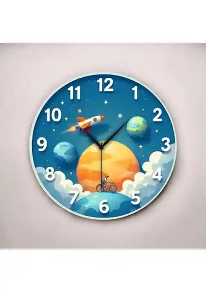 Çocuk Odası İçin Renkli Uzay Temalı Ahşap Sessiz Duvar Saati 45cm