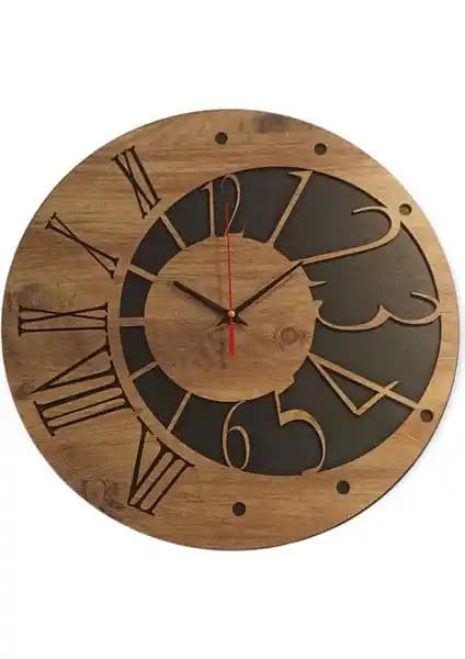 Ergeç Tasarım Dekoratif Ahşap Karma Rakamlı Duvar Saati Modern İç Mekanlara Şık Dokunuş