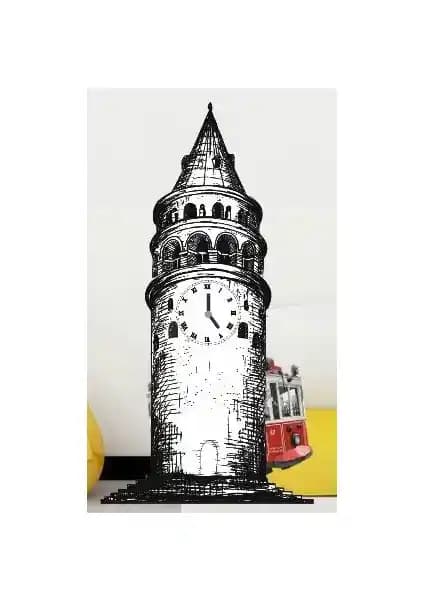 Galata Kulesi Temalı Sarkaçlı Ahşap Duvar Saati - Dekoratif ve Sessiz Tasarım