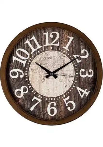 Galaxy 706-2 Dünya Harita Kadranlı Sessiz Akar Kahve Duvar Saati 42 cm genişlikte