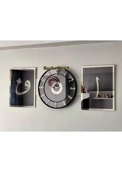 Harika Crown Aynalı Model 2 Li Elif-Vav Tablo ve Saat Seti Modern Dekorasyon İçin Ideal