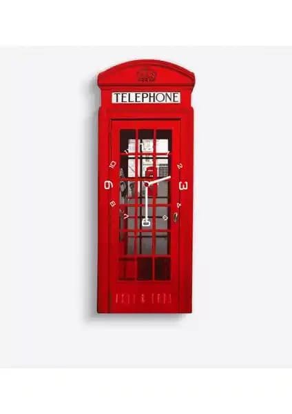 Kişiye Özel Londra Kırmızı Telefon Kulübesi Tasarımlı Ahşap Duvar Saati