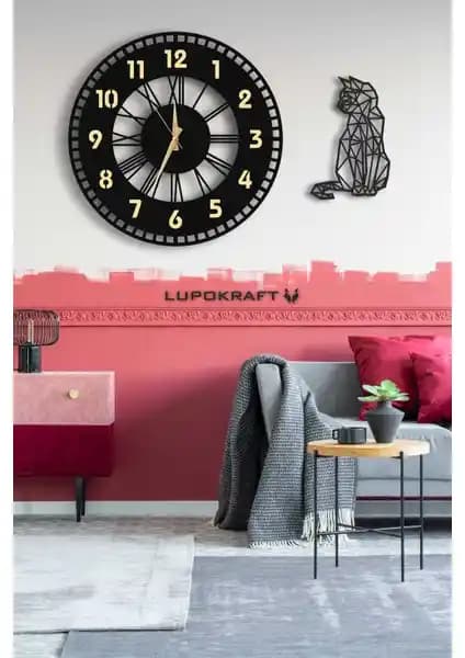 Lupokraft Dekoratif Aynalı Duvar Saati ve Kedi Tablo Seti Modern Evler İçin Şık Tasarım