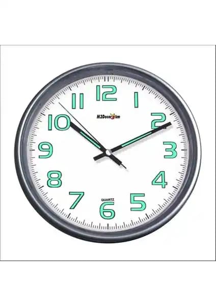 M3 Decorium Gümüş Metalik Fosforlu Duvar Saati Modern Tasarım ve Dayanıklılık