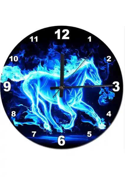 Mavi Alevli At Desenli Modern Duvar Saati Ev Dekorasyonunu Zenginleştirir