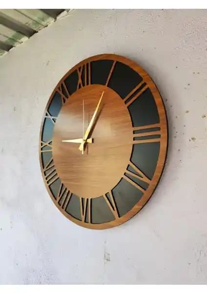 Modern Ahşap Ceviz Renkli Roma Rakamlı Sessiz Duvar Saati 50 cm Şık Tasarım