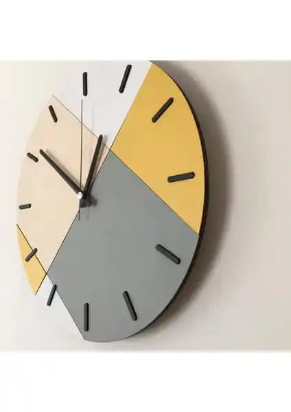 Modern Ahşap Geometrik Desenli Sarı Duvar Saati - Estetik ve Fonksiyonellik Bir Arada