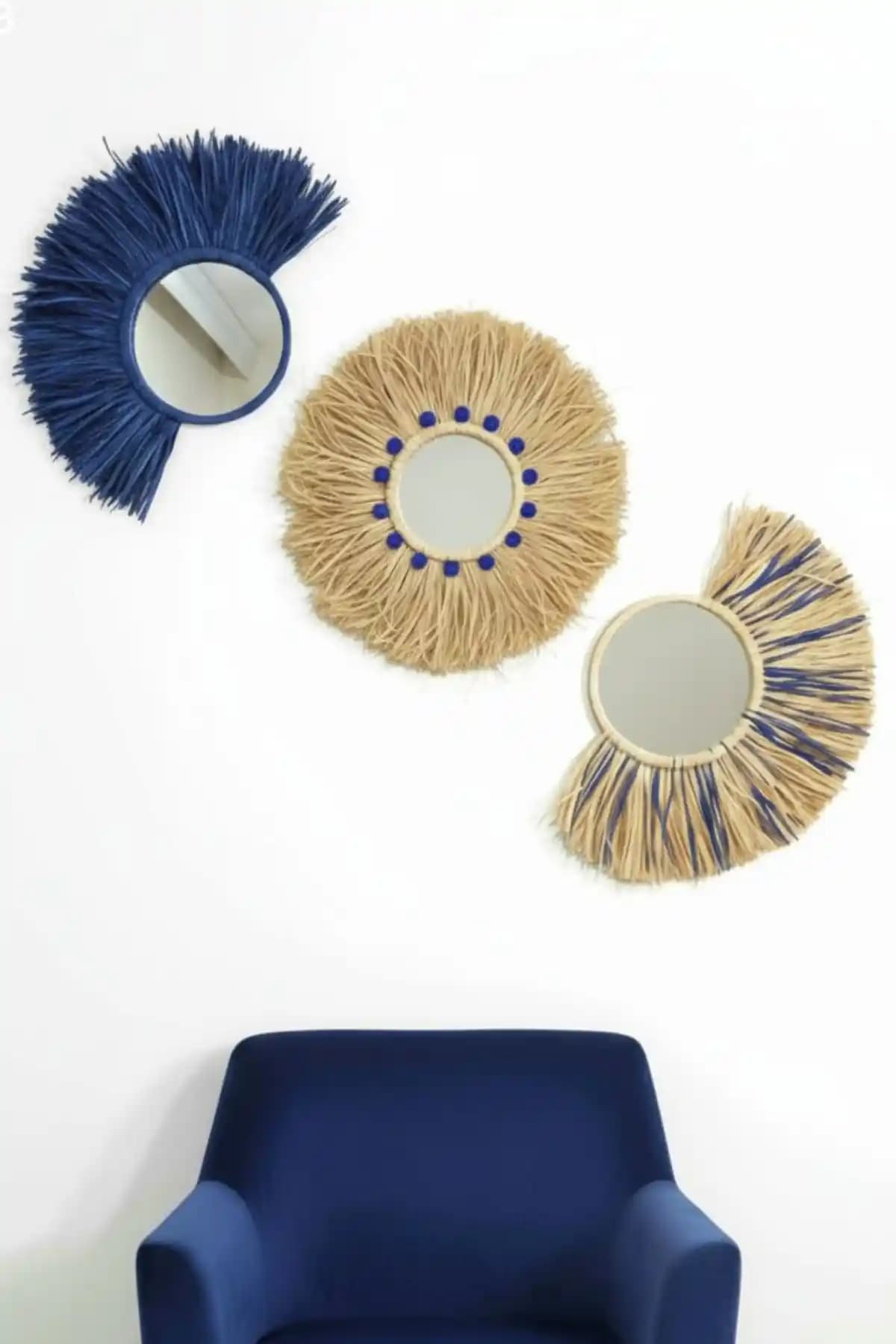 Bubihome Lacivert Ponponlu Bohem Hasır Rafya Ayna Seti: Doğal ve Şık Dekorasyon