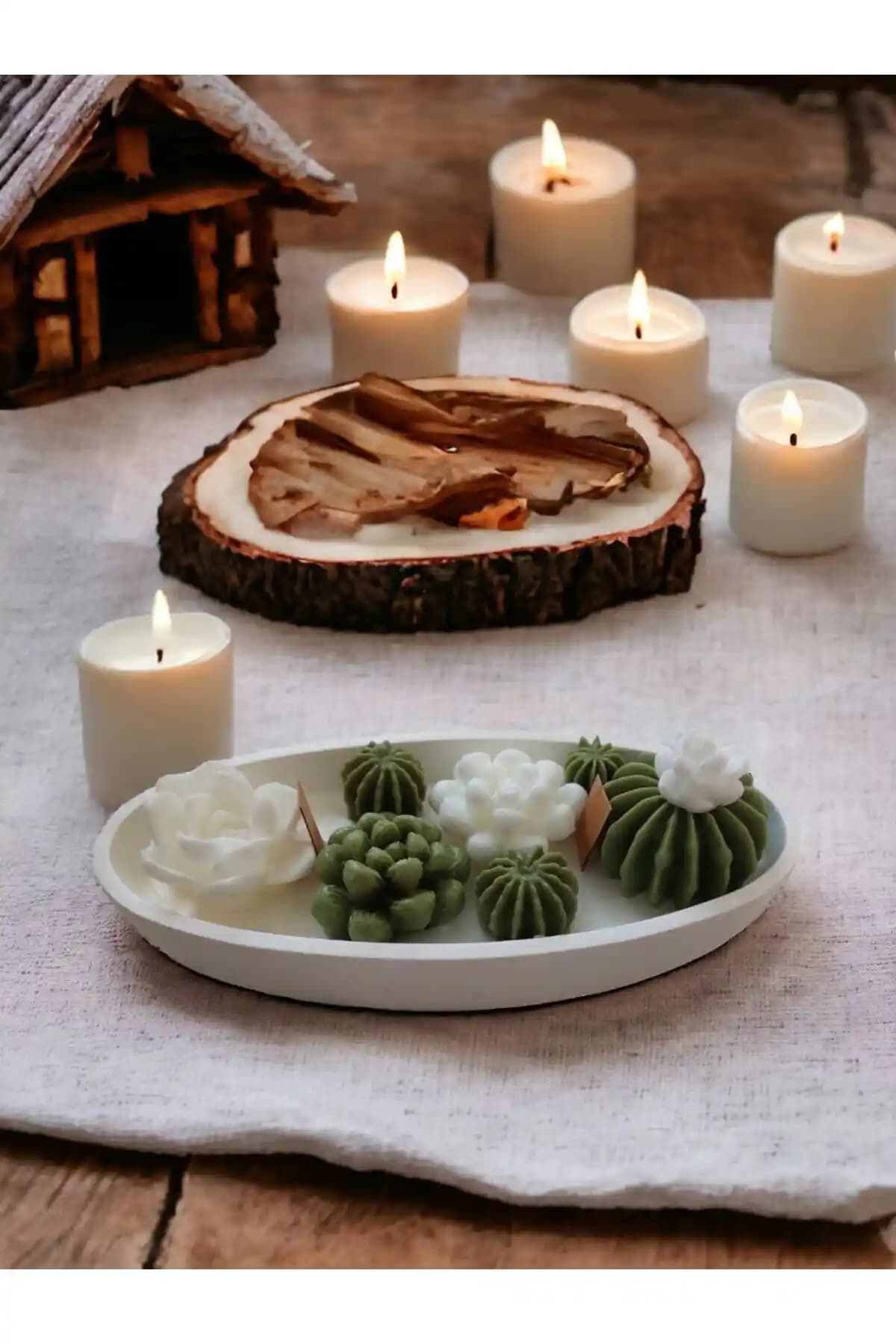 Home Saksıda 8’li Mini Kaktüs ve Vanilya Kokulu Mum Seti ile Şık Dekorasyon