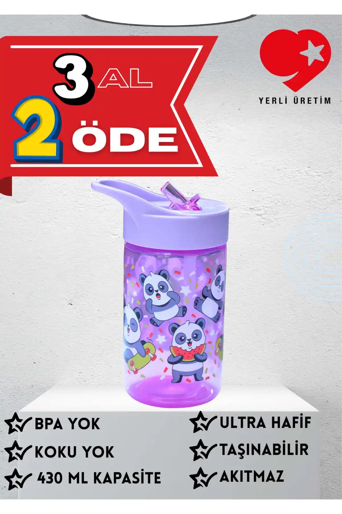 Peaceful BPA Free 430 CC Sevimli Panda Desenli Katlanabilir Pipetli Suluk ve Matara
