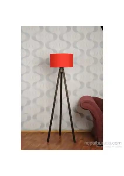 Tutta La Vita 3 Ayaklı Tripod Lambader Köşe Lambası Kırmızı Başlık ve Ceviz Ayak