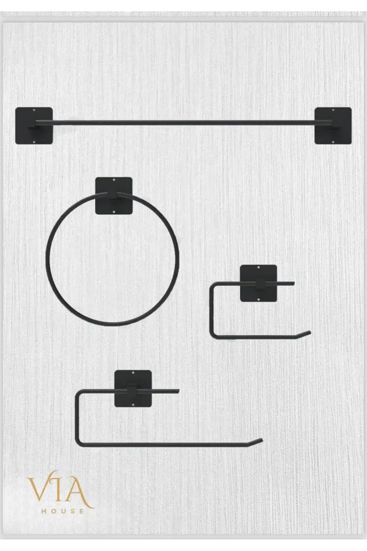 VİE HOUSE Siyah Yapışkanlı 4 Lü Banyo Seti ile Modern ve Fonksiyonel Tasarım