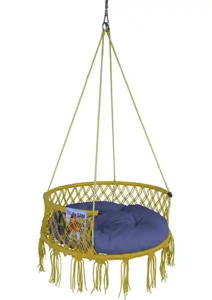 Altınoluk Hamak İpli Püsküllü 80'lik Sarı Minderli Davul Salıncak Bahçe ve Ev Kullanımı İçin