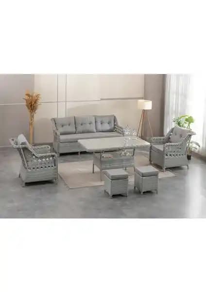 Datça Rattan Bahçe Mobilyası 3+1+1 Açık Gri Modern ve Dayanıklı Dış Mekan Seti