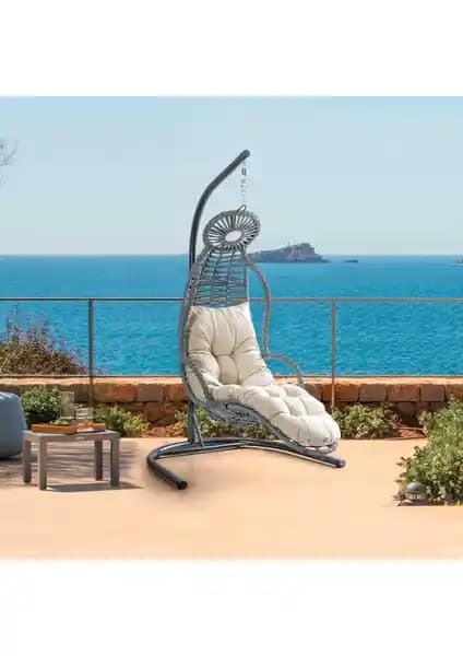 Eymense Elit Demonte Ayak Uzatmalı Rattan Salıncak Gri Krem Bahçe ve Teras İçin