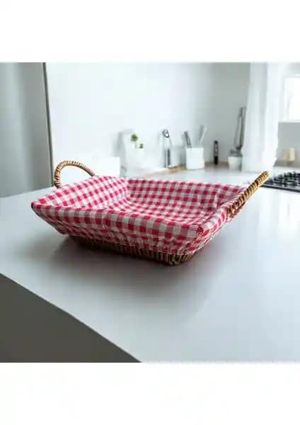 Hasır Görünümlü Plastik Ekmek Sepeti Kulplu Bezli 30x23x6,5 cm Modern ve Rustik Dekorasyon Uyumu
