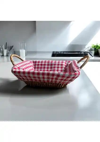 Hasır Görünümlü Plastik Ekmek Sepeti Kulplu Bezli Modern Tasarım 28x20x6 cm