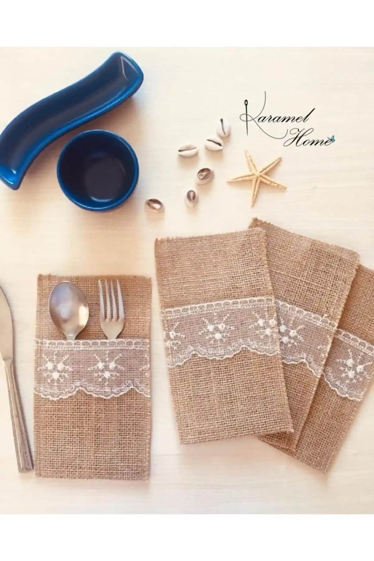 BiDünya El Yapımı Jüt Kumaş 12'li Kaşıklık Doğal ve Rustik Masa Dekorasyonu İçin