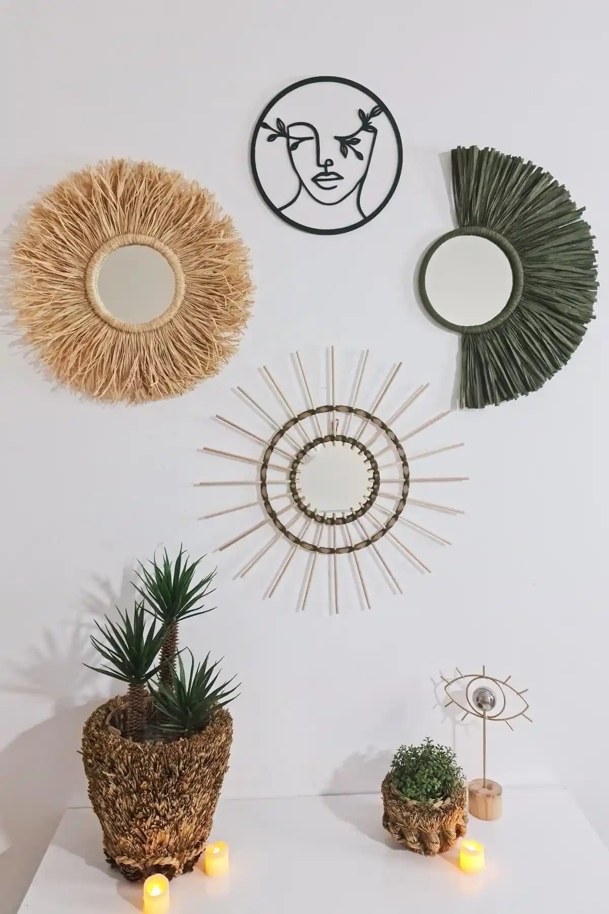 Bubihome 4'lü Yeşil Rafya ve Bambu Ayna ile Modern ve Doğal Duvar Dekoru Seti