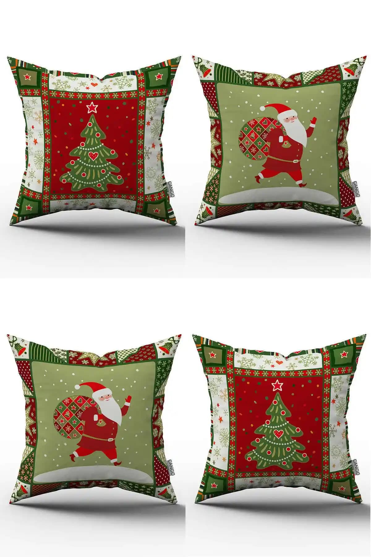 Cango Home Kırmızı Yeşil Yılbaşı Temalı 4'lü Kırlent Kılıfı Seti Dekoratif ve Dayanıklı Tasarım