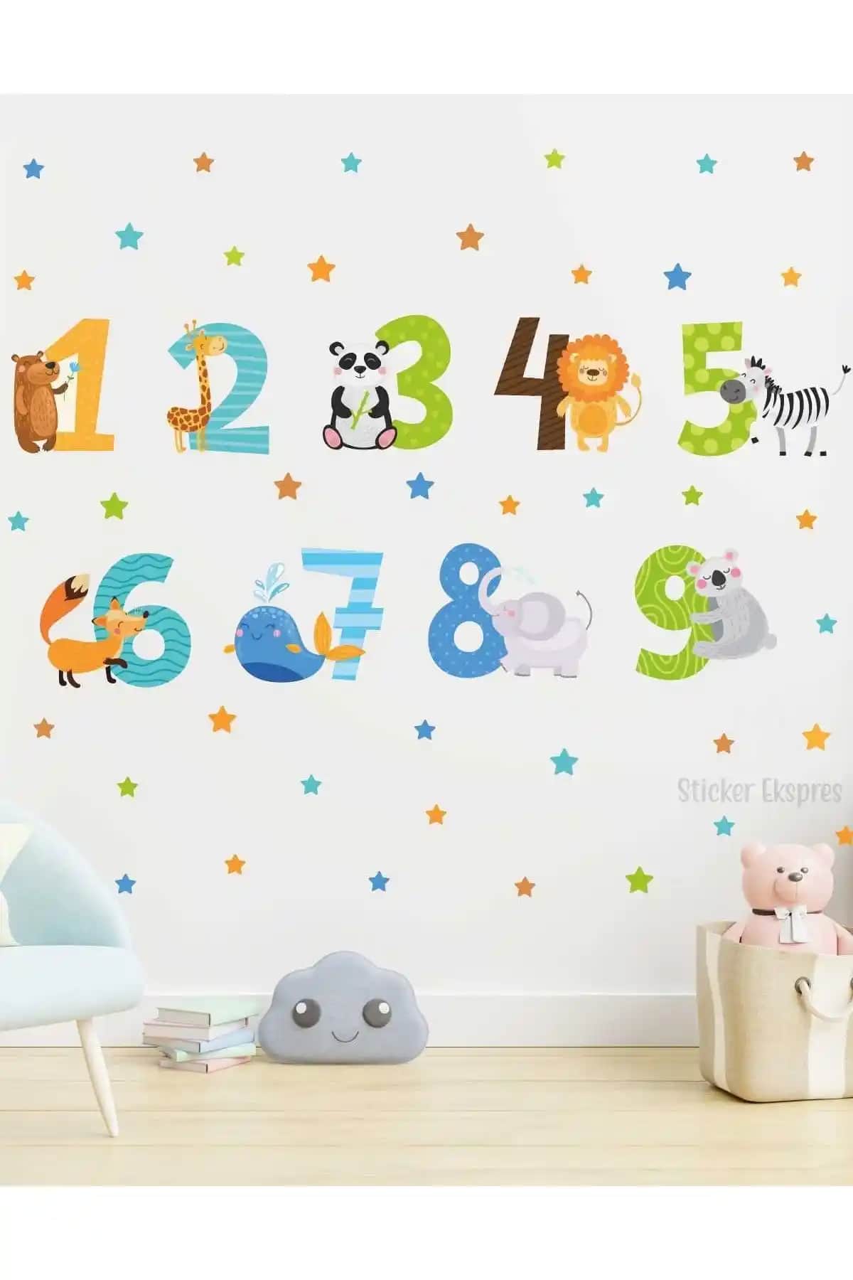 Çocuk Odası İçin Eğitici ve Dekoratif Hayvanlı Rakamlar Sticker Seti