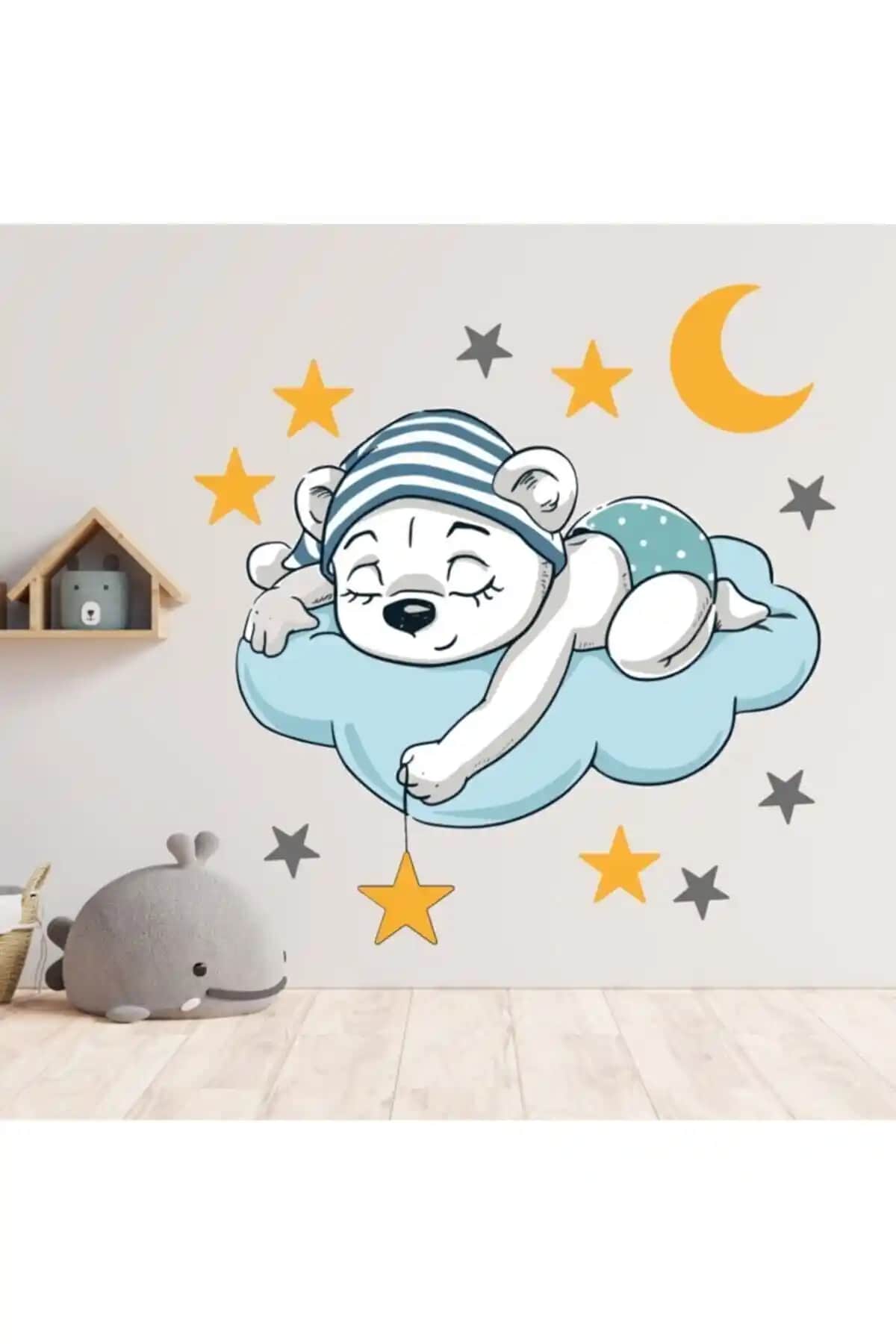Çocuk Odası İçin Renkli Bulut ve Uyuyan Ayı Dekoratif Duvar Stickerı