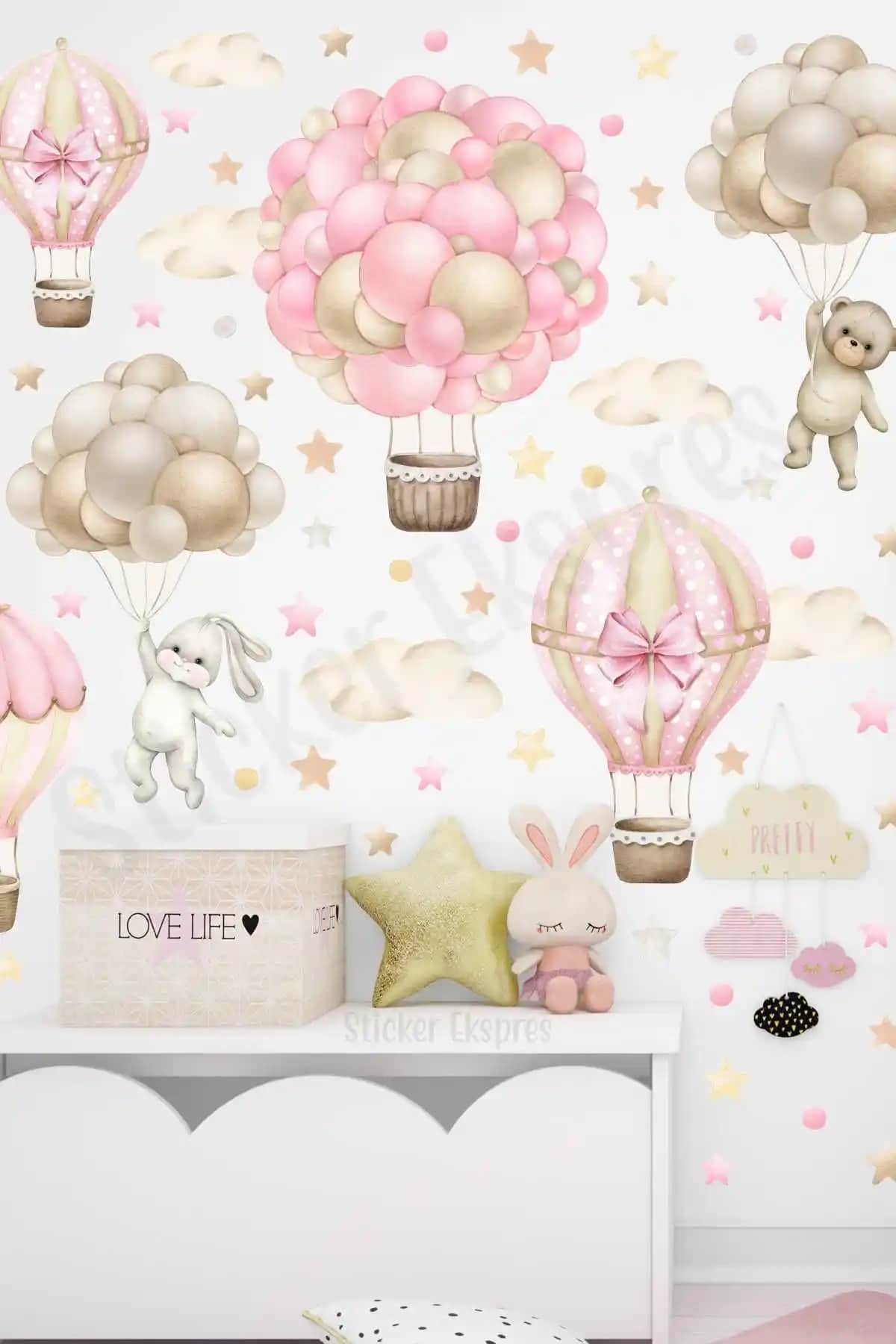 Çocuk Odası İçin Renkli ve Dayanıklı Duvar Sticker Seti Pembe Bej Tonlarda