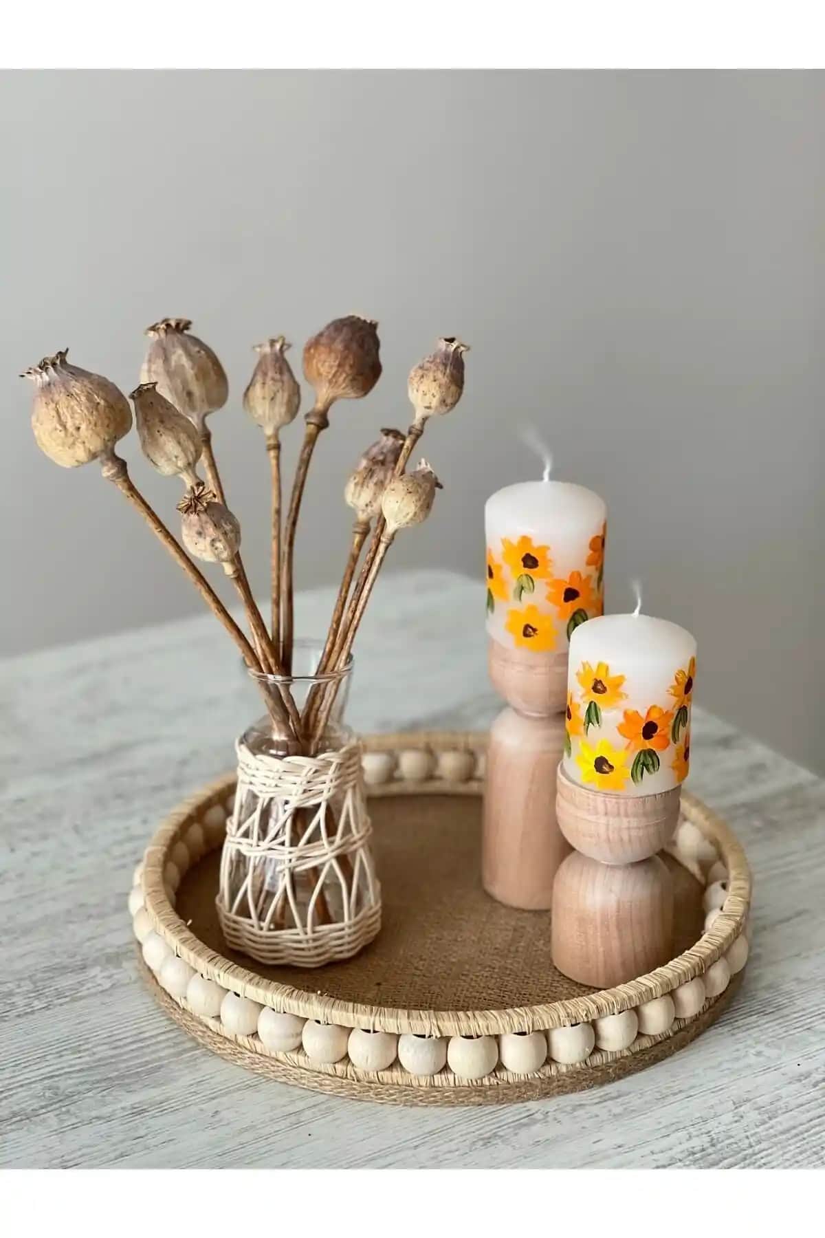 DEKOLOBİ Hasır El Yapımı Ahşap Boncuklu Dekoratif Tepsi 26 cm doğal malzeme ile şık ve dayanıklı