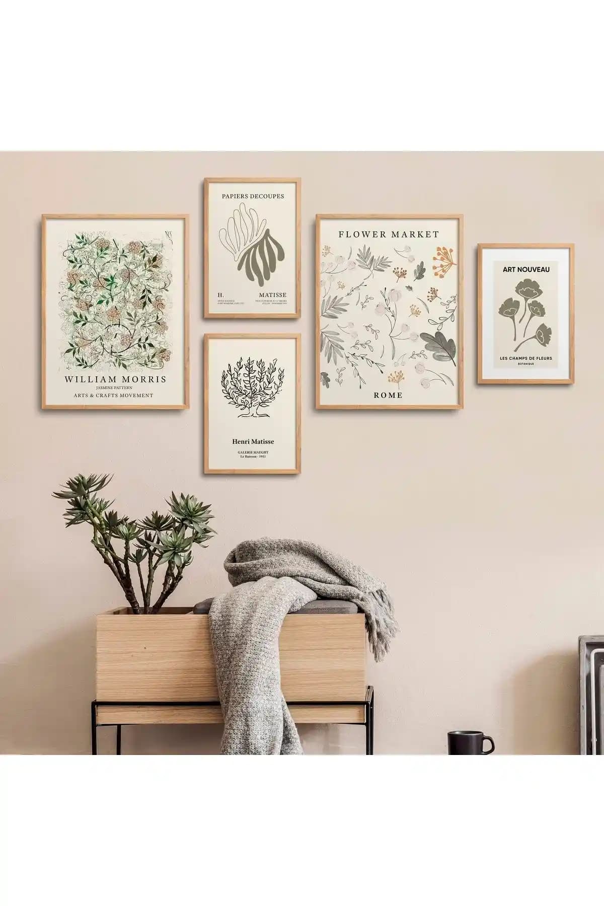 Doğal Ahşap Çerçeveli 5'li Tablo Seti Modern ve Şık İç Mekan Dekorasyonu İçin