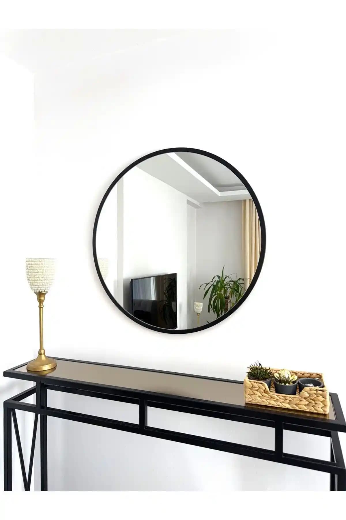 EFFE YAPI DEKOR Siyah Metal Çerçeveli 70 Cm Yuvarlak Ayna Modern ve Dayanıklı Tasarım
