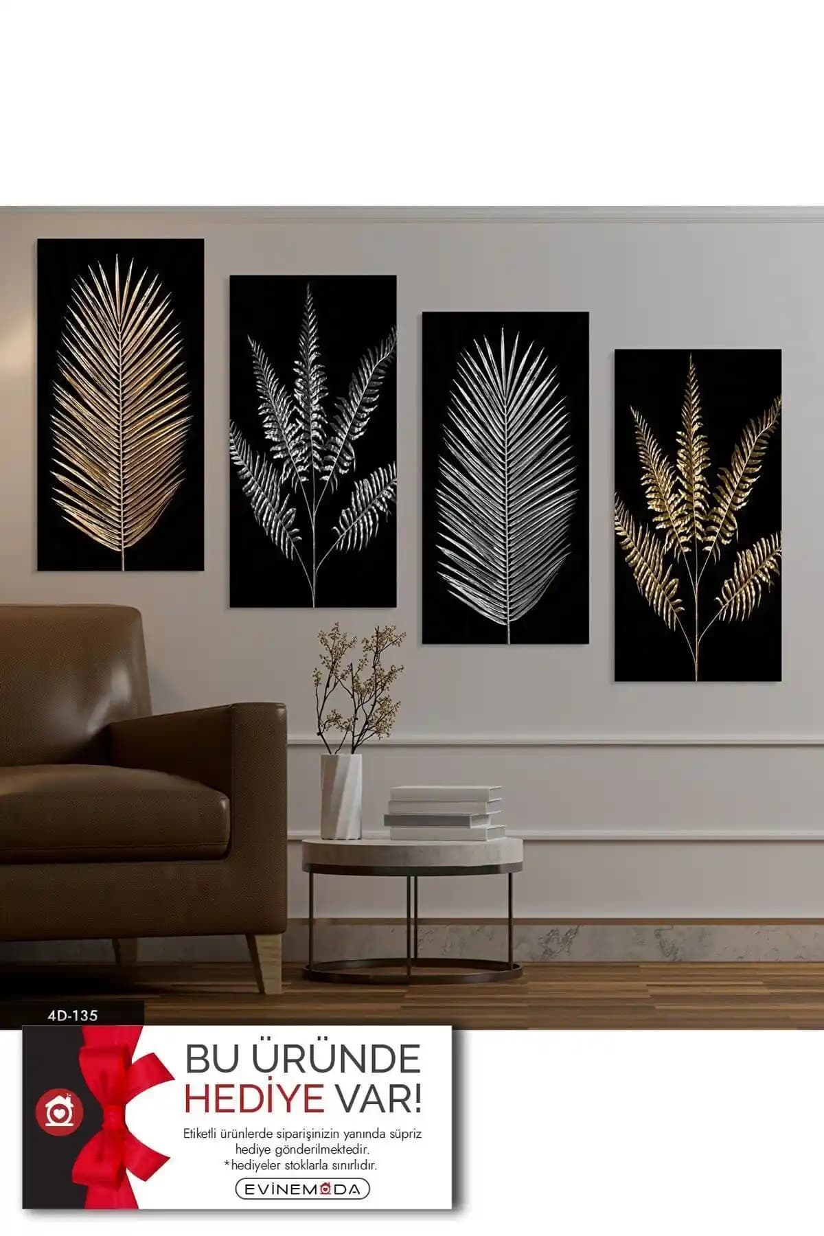 Evinemoda Gold Gümüş Yaprak Desen 4 Parçalı MDF Tablo Modern İç Mekan Dekorasyonu İçin