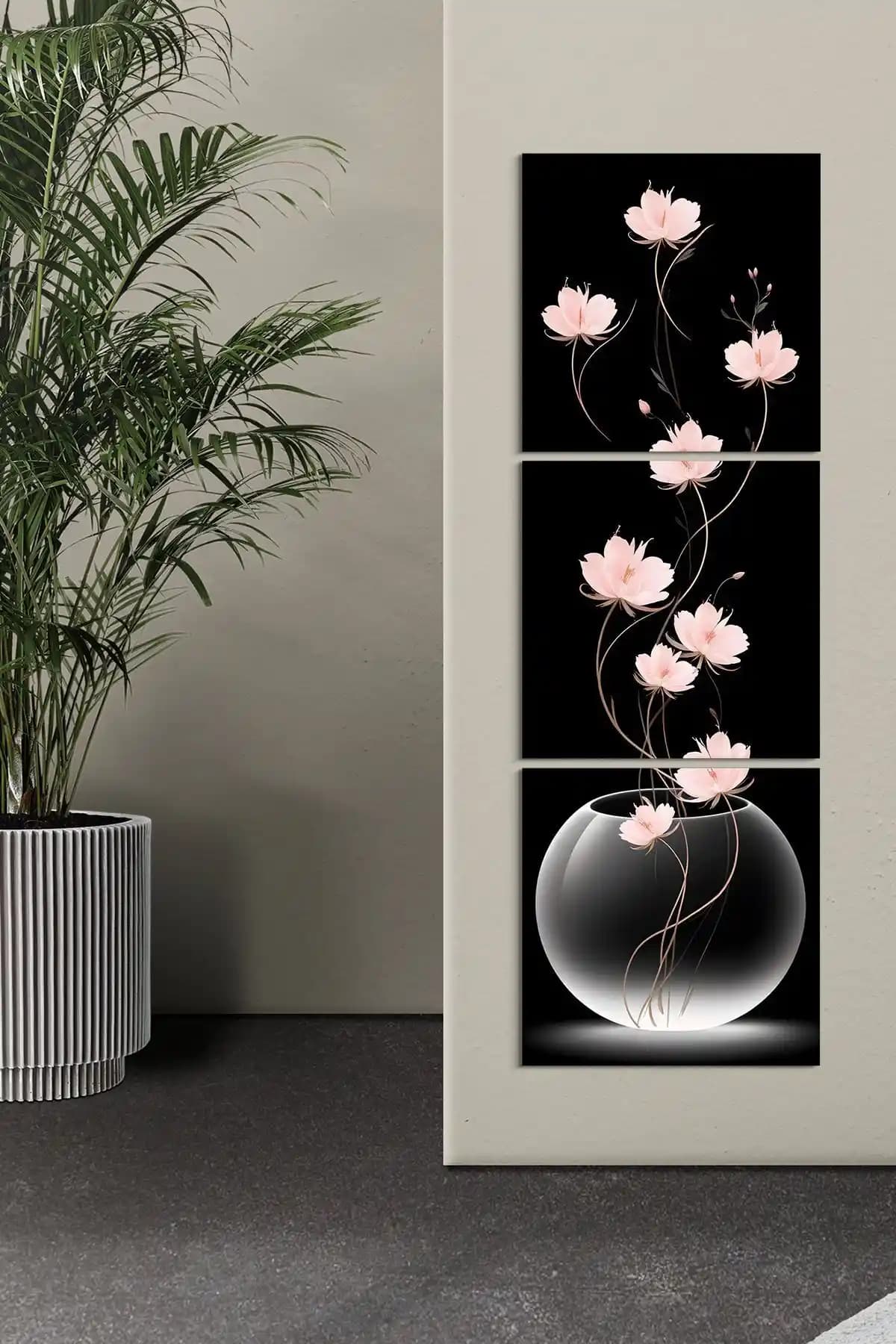 Evinemoda Pembe Lotus Çiçekleri 3 Parça MDF Tablo Modern ve Dayanıklı Dekorasyon Ürünü