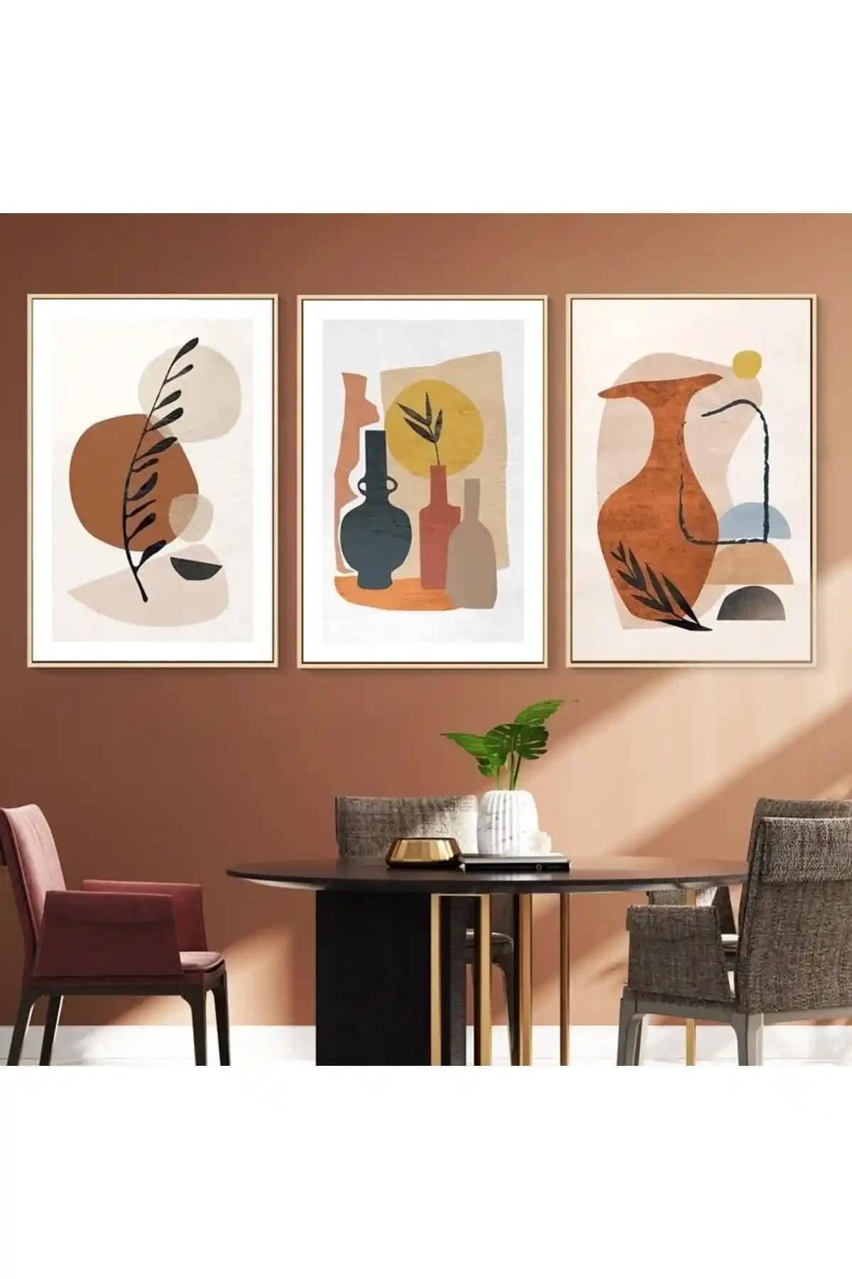 FOGO WOOD Ahşap 3'lü Tablo Seti Modern Bohem Tarz İç Mekan Dekoru İçin Uygun