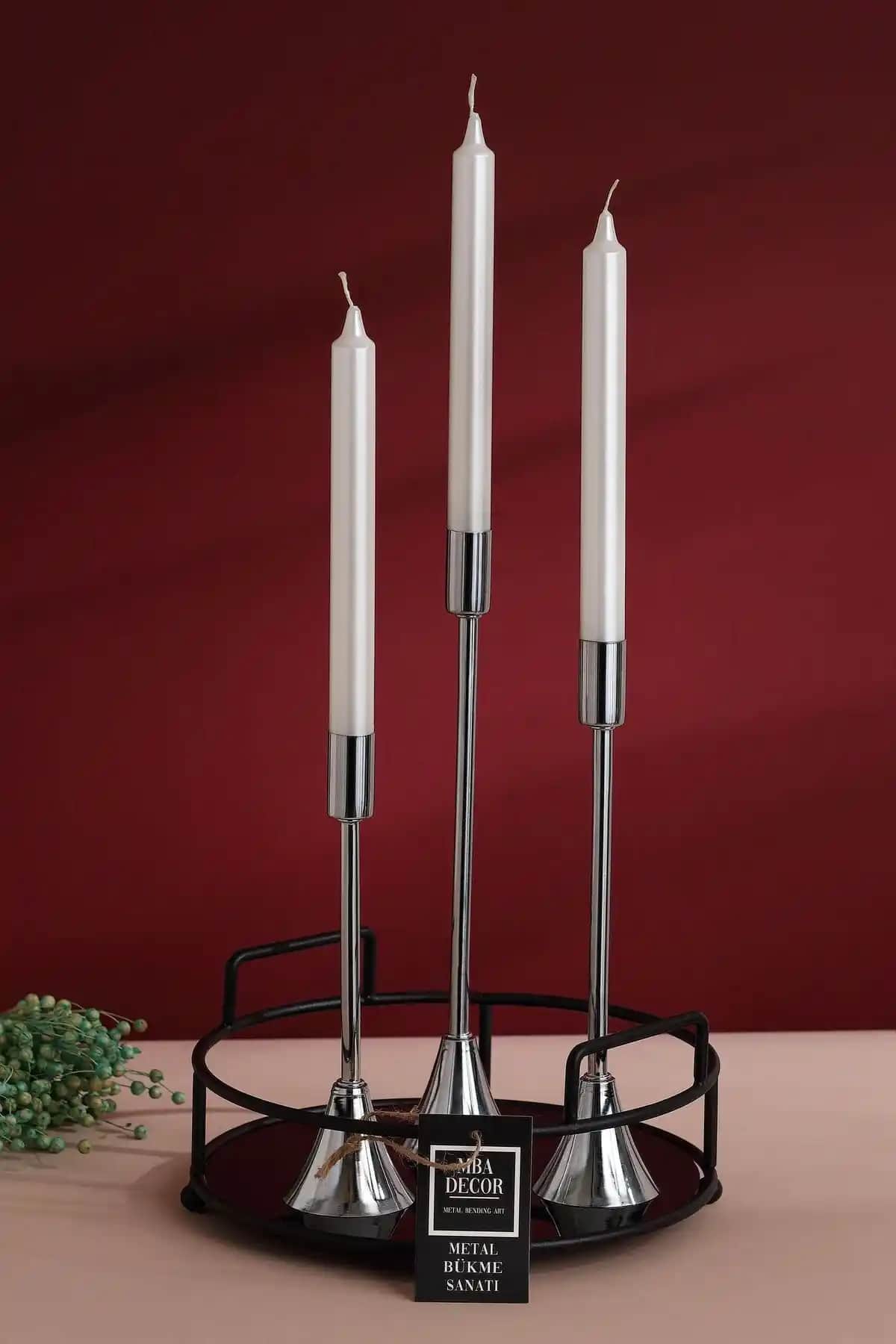Genel Markalar 3’lü Gümüş Renkli Topuklu Şamdan Mumluk Dekoratif ve Dayanıklı Tasarım