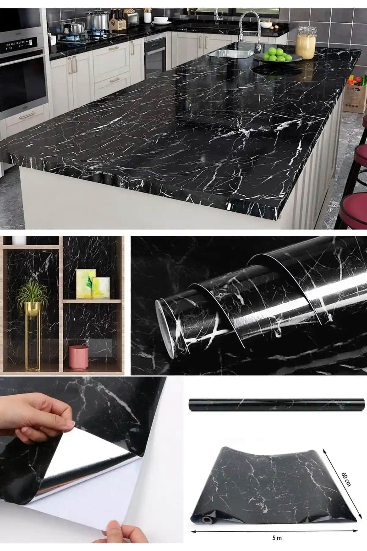 Greathings Siyah Mermer Desenli Yapışkanlı Folyo 5 Metre Uzunluk ve Çok Yönlü Kullanım İmkanıyla