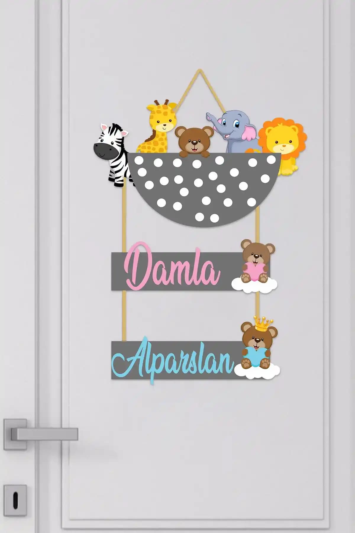 Hayvan Figürlü Bebek Odası Kapı Süsü - Kişiselleştirilebilir Ahşap Dekorasyon