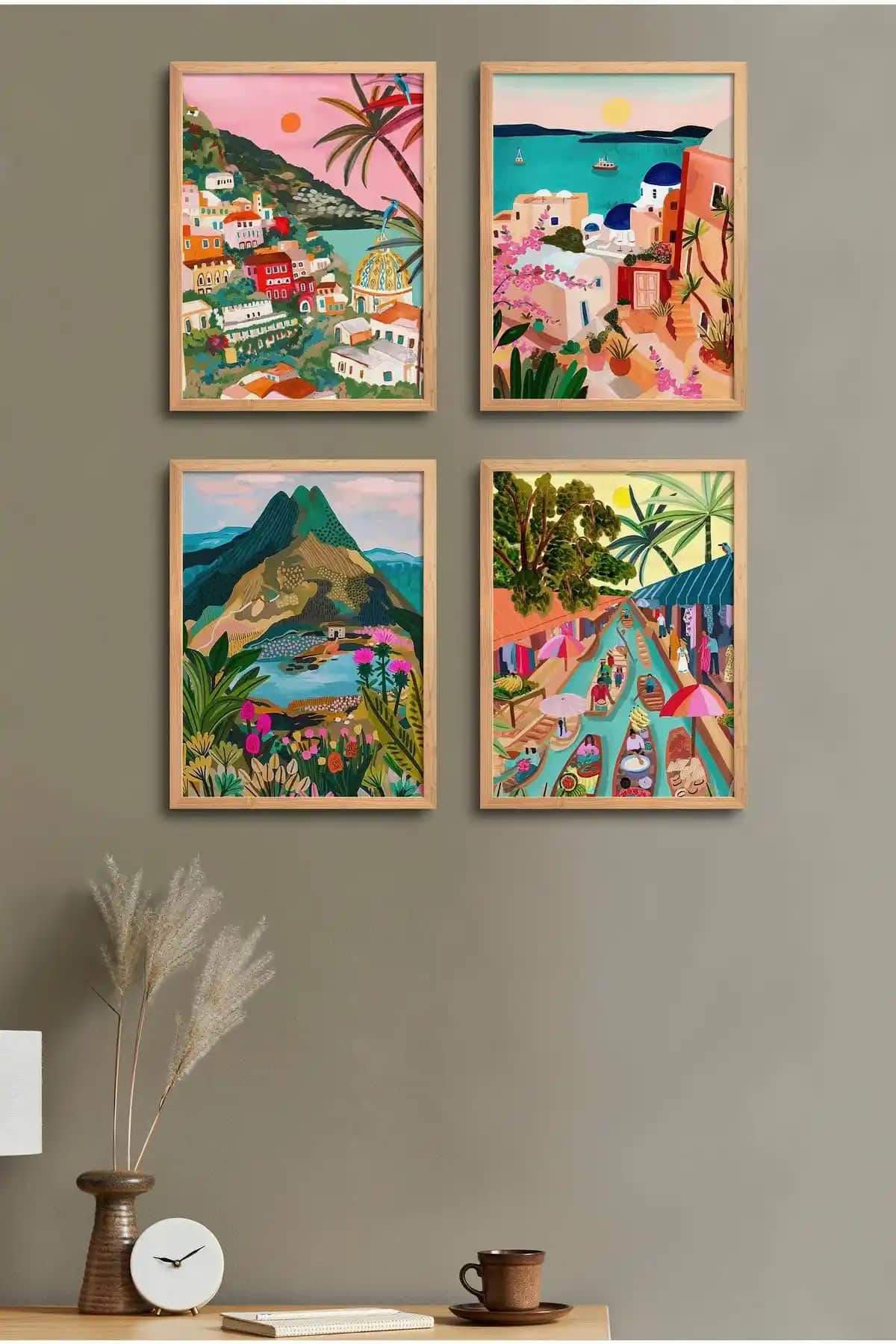 HOMEPACK Doğal Ahşap Çerçeveli 4'lü Tablo Seti Modern ve Şık Dekorasyon İçin Ideal