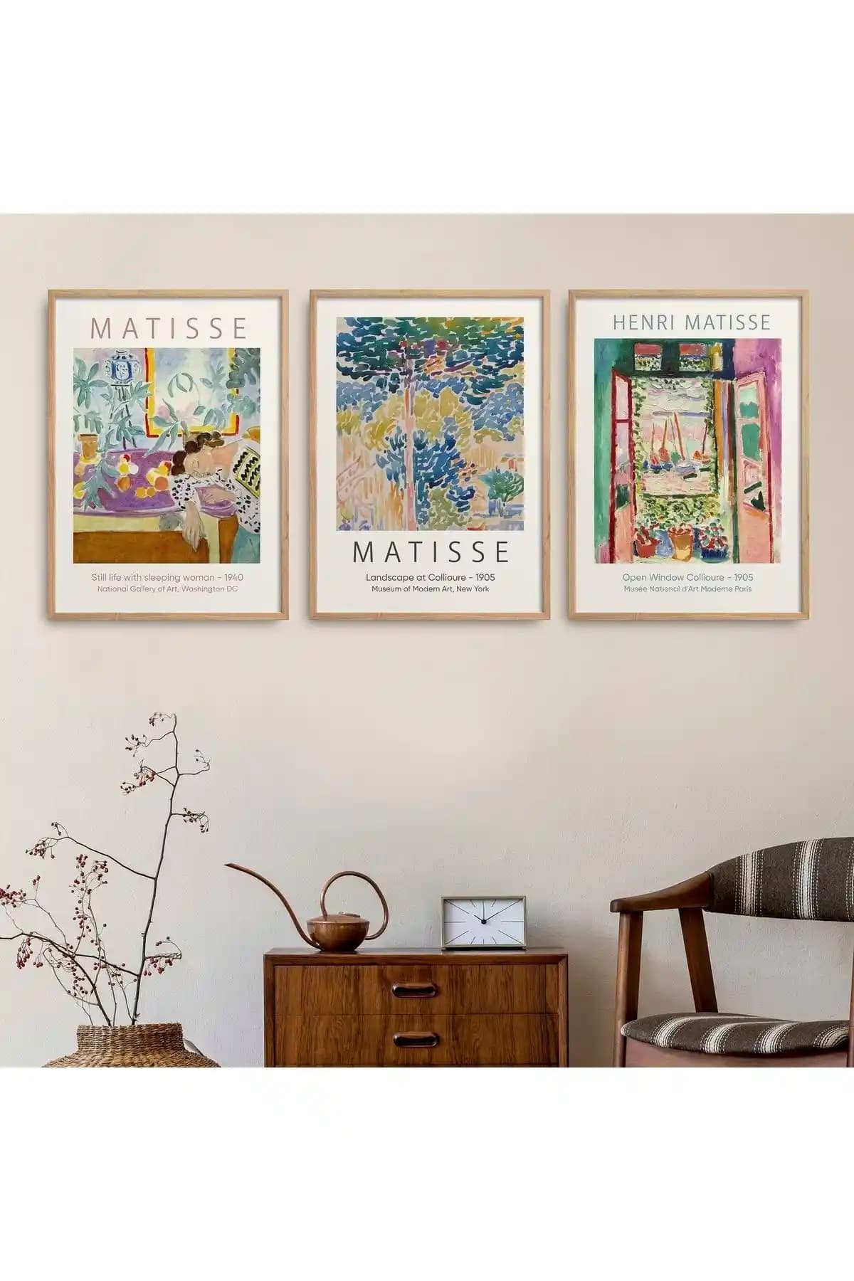 HOMEPACK Doğal Ahşap Çerçeveli Henri Matisse 3'lü Tablo Seti Modern İç Mekan Dekorasyonu