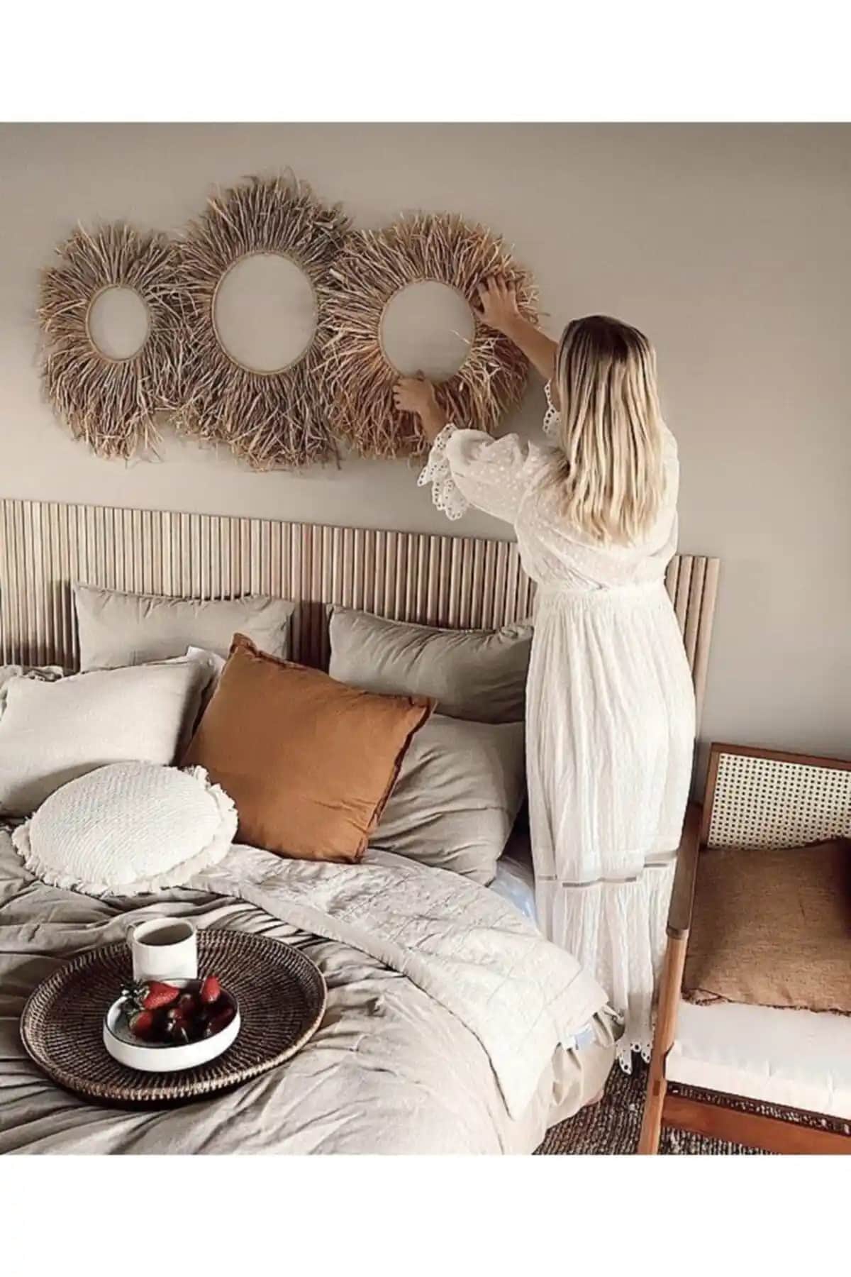 HOUSERİCH Bohem ve Nordic Tarz Doğal Rafya Duvar Süsleri Seti 3'lü Dekoratif Parça