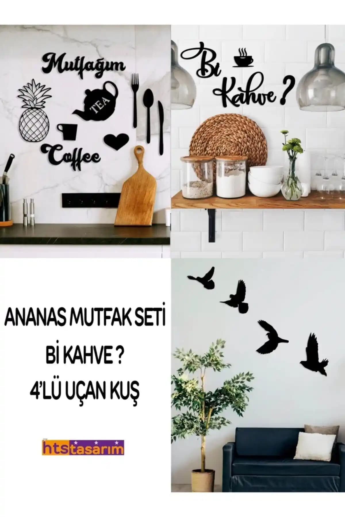 HTS TASARIM Mutfağım ve Bikahve İçin 4'lü Kuş Ahşap Duvar Dekoru Modern ve Estetik Tasarım