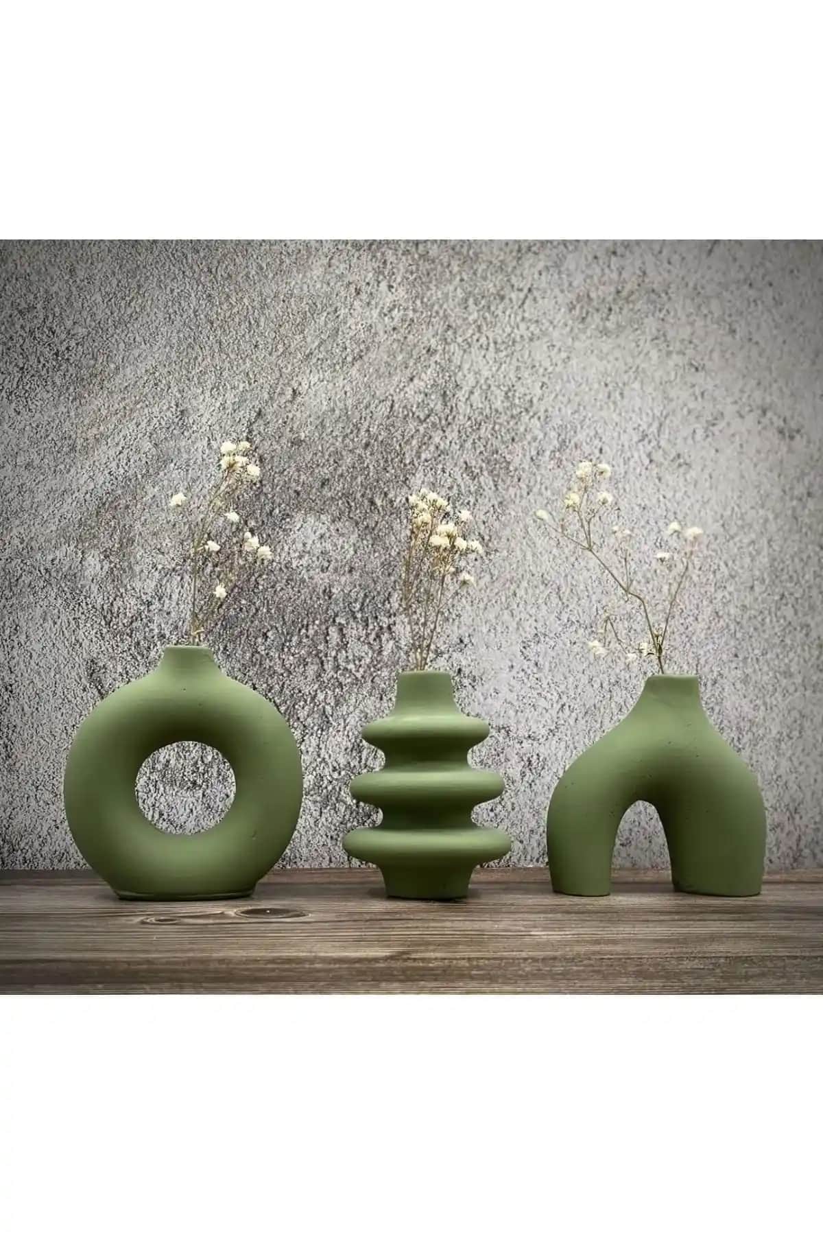 LİNECRAFT Minimal Vazo Seti 3'lü Beton Yeşil Dekoratif Aksesuarlar