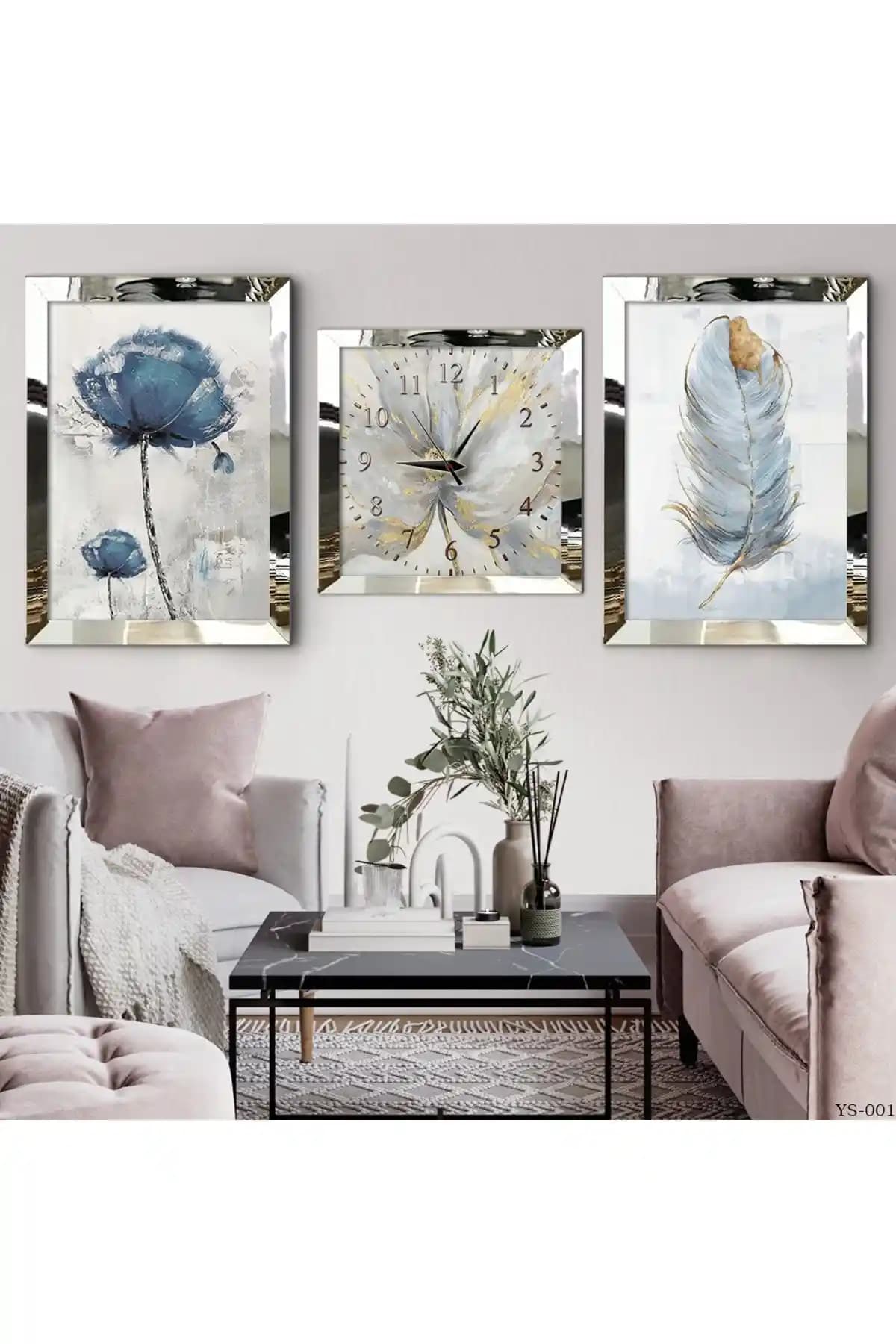 Modern Mavi Çiçek Temalı Aynalı Gümüş Pleksi Saat ve Tablo Seti Dekorasyon Ürünü