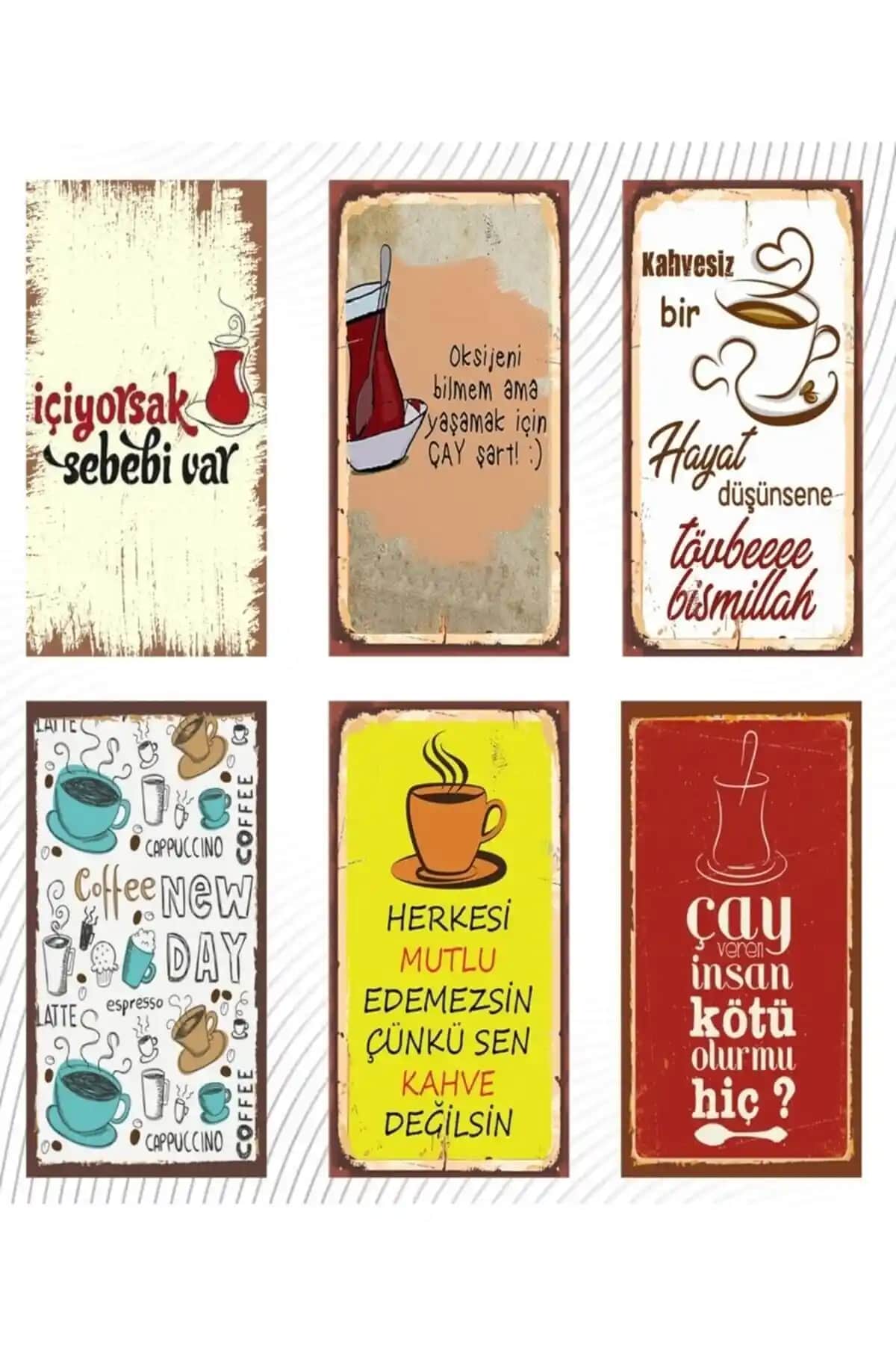 Modern ve Retro Tarzda Kahve ve Çay Temalı Ahşap Duvar Posterleri Seti
