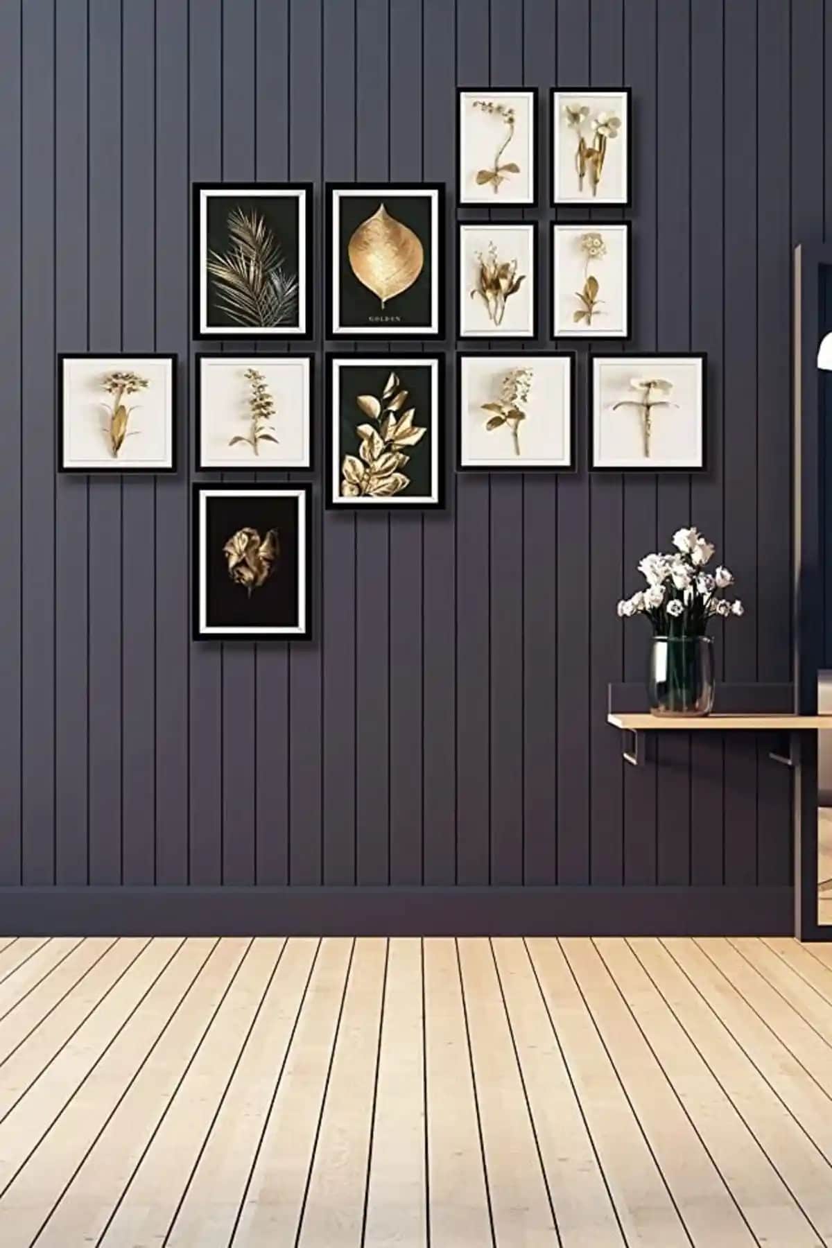 NT Handmade 12 Parça Ahşap Tablo Seti Gold Yapraklar ile Şık ve Modern İç Mekan Dekorasyonu