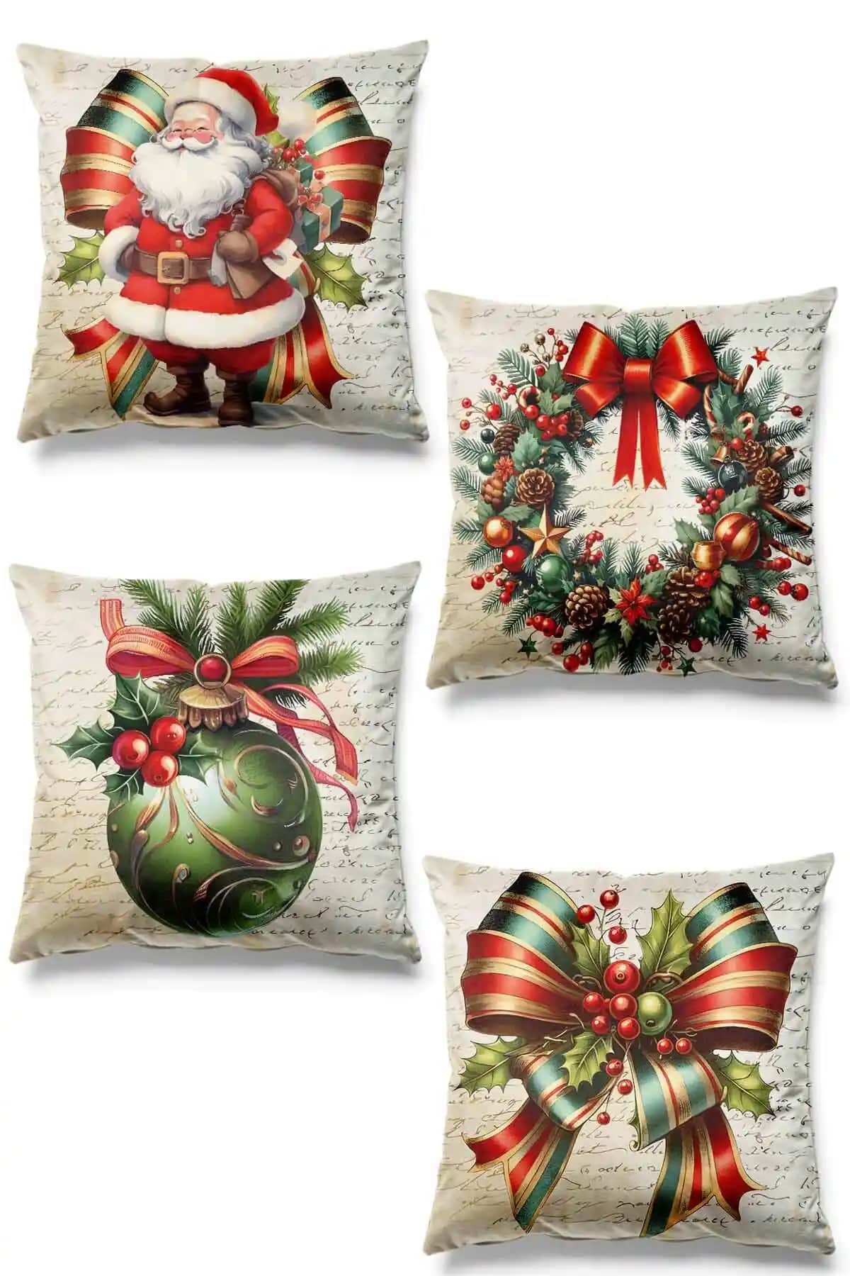 Pilloveland Çift Taraflı Baskılı Retro Yılbaşı Temalı Süet Kırlent Kılıfı 4'lü Set